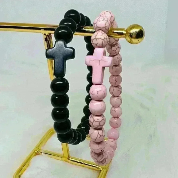 Black Pink Duo Natural Stone Cross Bracelet - Picture 5 of 5